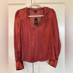 Express Satin V-Neck Cuff Sleeve Women’s Rust Blouse Size XS